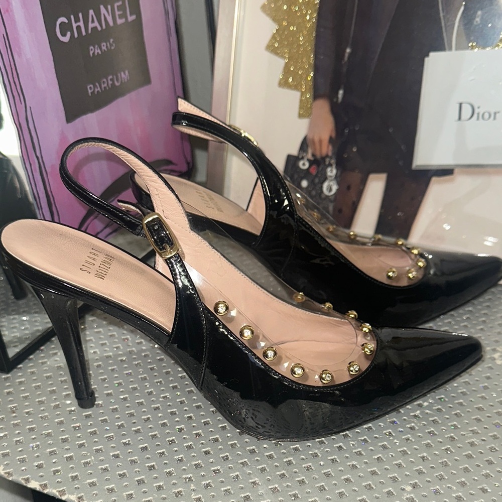Stuart Weitzman Black and Gold Studded Heels - Picture 3 of 12